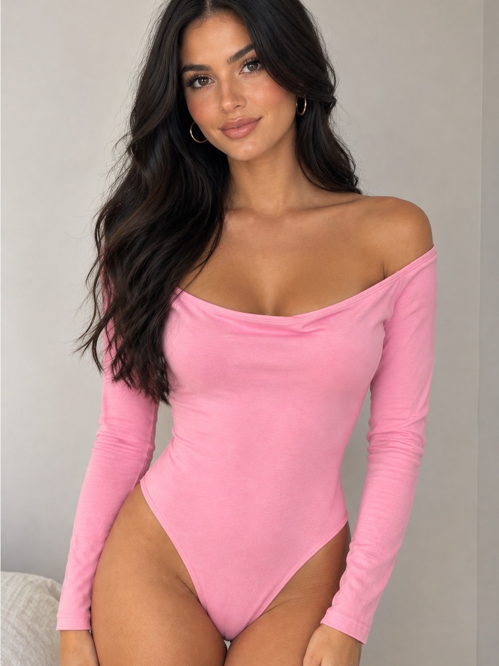 Off-Shoulder Long Sleeve Pink Bodysuit
